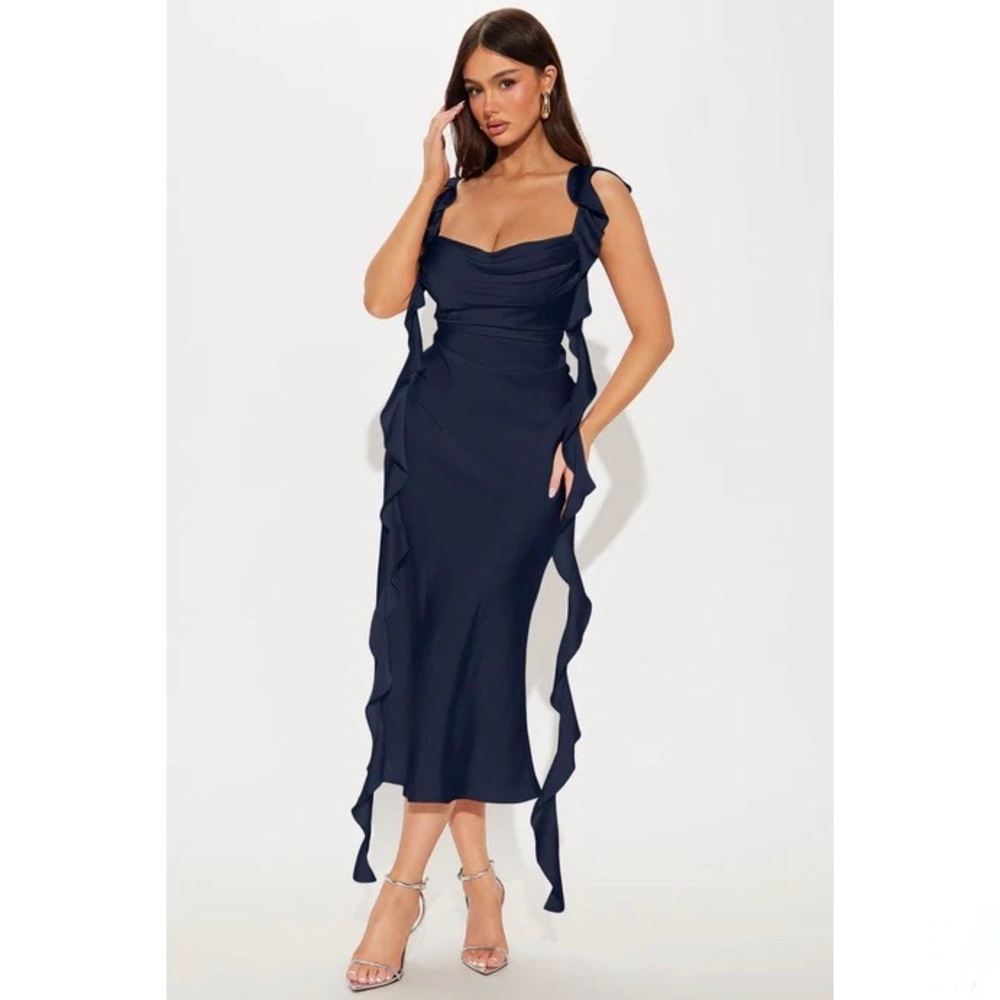 Elegant Satin Ruffle Midi Dress Navy size medium spaghetti straps cowl neckline